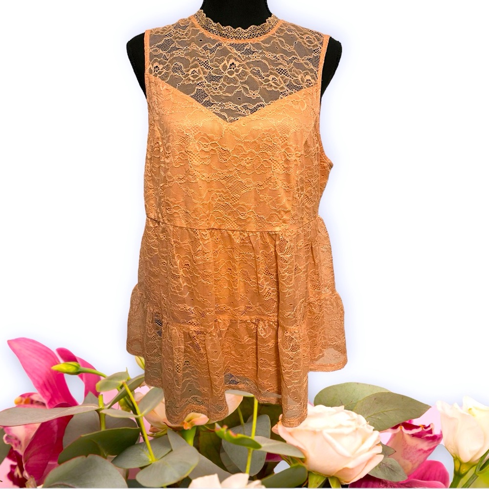 Torrid Peach Lace Mock Neck Shirred Hem Sleeveless